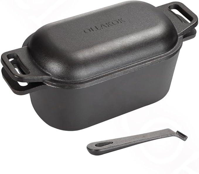 2-in-1 Pre-Seasoned Cast Iron Dutch Oven Pot with Lid as Skillet, Grill Pan, with Lid Lever, Dual Loop Handles, Oval Heavy Dutch Oven for Bread Baking, Frying, Camping, BBQ, 3.8 QT Black