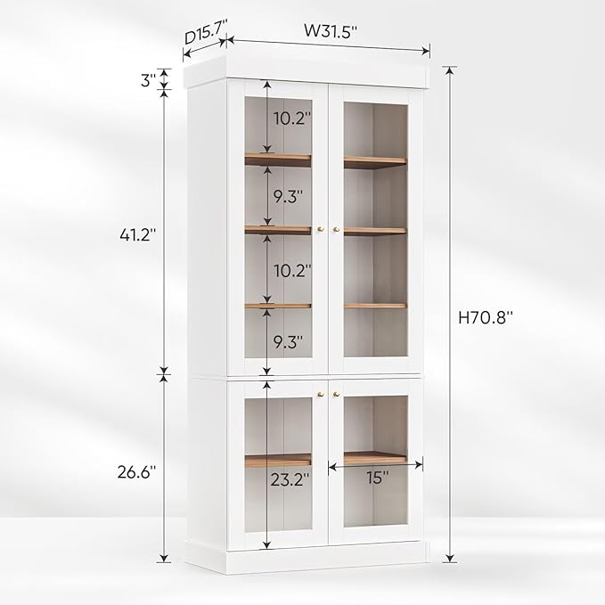 70.8" Tall Farmhouse Kitchen Pantry Cabinet with Glass Doors, Modular Storage Cabinet with 6-Tier Adjustable Shelves, White, Wooden Hutch for Kitchen, Living Room, Set of 3