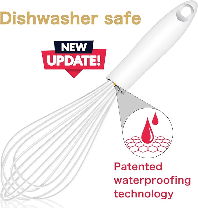 White Silicone Whisk, Sealed Waterproof Design Set of 3, Professional Kitchen Whisks for Cooking Non-Scratch, Silicone&Stainless Steel Whisk, Heat Resistant 480°F Rubber wisk, BPA free