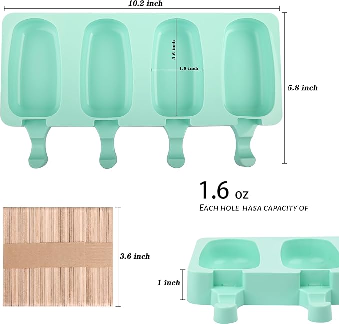 WMKGG Popsicle Silicone Molds Set, 2 PCS Ice Cream Molds with 50 Wooden Sticks for Cake Pop, Ice Pop, Cakesicles (Standard Size/Green)