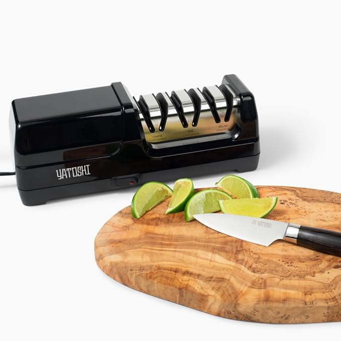 Yatoshi Electric Sharpener, 50-Watt, Diamond Abrasives and Precision Angle Guides, 20-Degree Straight-Edge and Serrated Knives, 3 Stage