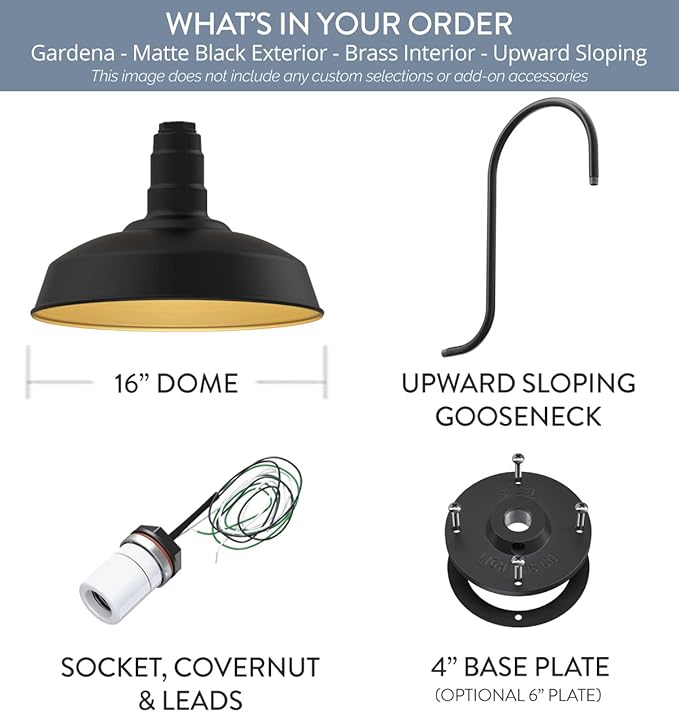 Steel Lighting Co. Gardena Barn Light | Outdoor Wall Mounted | 16" Dome | Upslope Gooseneck | Farmhouse Light Made in America | Matte Black Exterior/Brass Interior