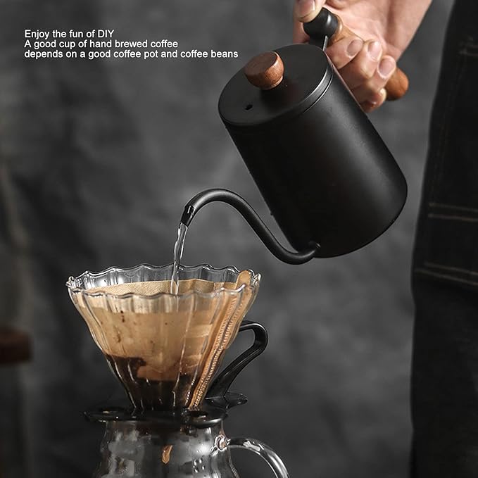 600ml 20oz Pour Over Coffee Kettle Pour Over Kettle Gooseneck Spout Coffee Tea Pot with Wood Handle Pour Over Coffee Kettle Temperature Cooling Hole (Black)