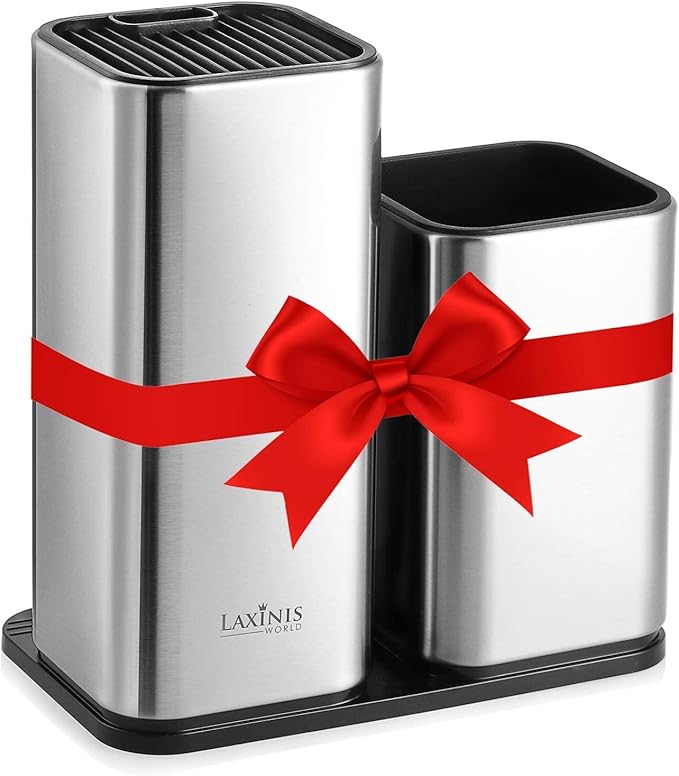 Knife Holder and Utensil Holder - Stainless-Steel Modern Rectangular Design Universal Knife Block and Kitchen Utensils Organizer for Counter-top