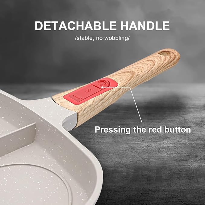 3 Section Grill Pan for Stove Tops with Detachable Handle, Nonstick Versatile Griddle Pan with Lid, Square Skillet PFOA Free, White