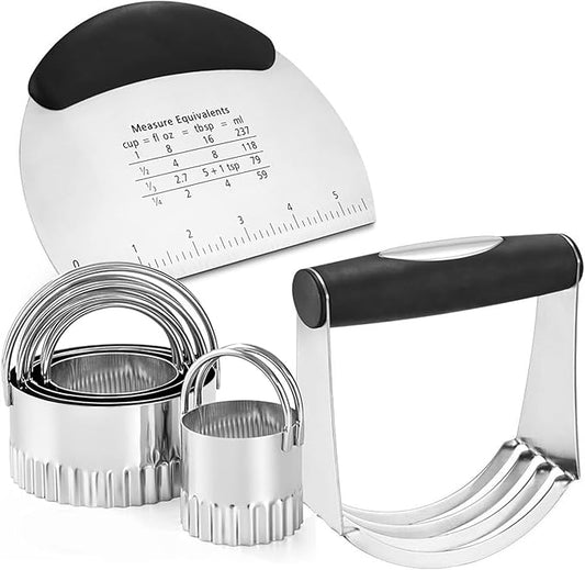 Stainless Steel Biscuit Cutter Set Pastry Scraper and Dough Blender Sturdy & Long-Lasting with Ergonomic Rubber Grip Professional Baking Dough Tools, Gift Package 4 Pcs/Set