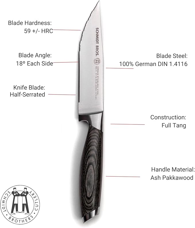 Schmidt Brothers -Bonded Ash 4-Piece Jumbo Steak Knife Set, High-Carbon German Stainless Steel Cutlery in a Wood Gift Box