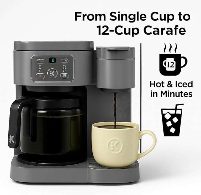 2-in-1 Hot & Iced Coffee Maker for Pods & Grounds – 12-Cup Glass Carafe & Single-Serve Brewer, 72oz Reservoir, Strong Brew, Extra Hot, Brew Over Ice, MultiStream Tech, Compact Design (Gray)