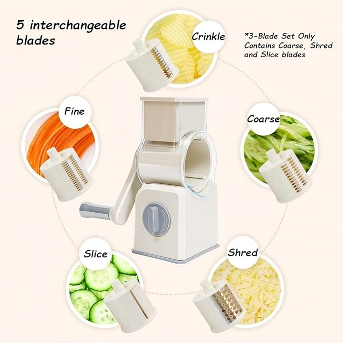 Rotary Cheese Grater with Hand Crank, Multi-Purpose Shredder Slicer with 3 Interchangeable Stainless Steel Blades for Shredding, Slicing, and Grating Cheese, Vegetables, and Fruit (Beige)