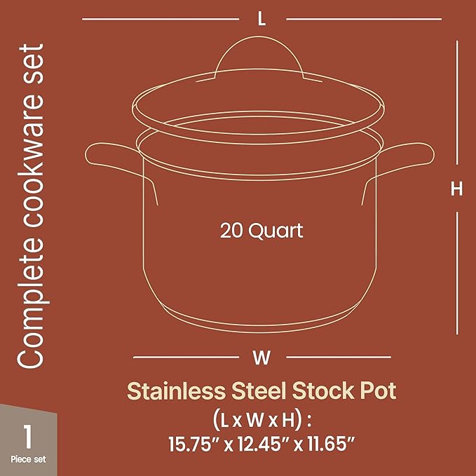 Stainless Steel Stockpot with Tempered Glass Lid 20 Quart, Durable 18/0 Stainless Steel, Impact-Bonded Base for Even Heating, Riveted Handles, Oven & All Stove Compatible, Safe Up To 500°F (260°C)