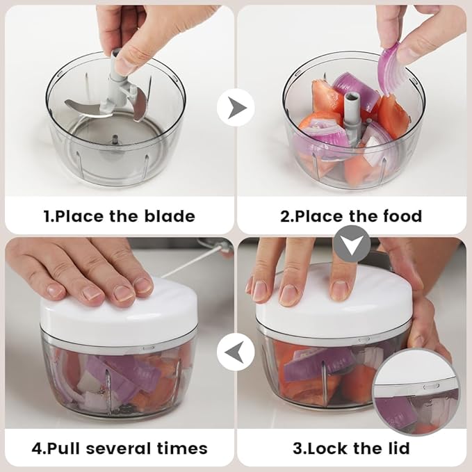 Manual Food Processor & Vegetable Chopper Grey - 2.3 Cup Mini Hand-Pull Cord Kitchen Chopper for Onion, Garlic, Vegetables with 3 Stainless Steel Blades