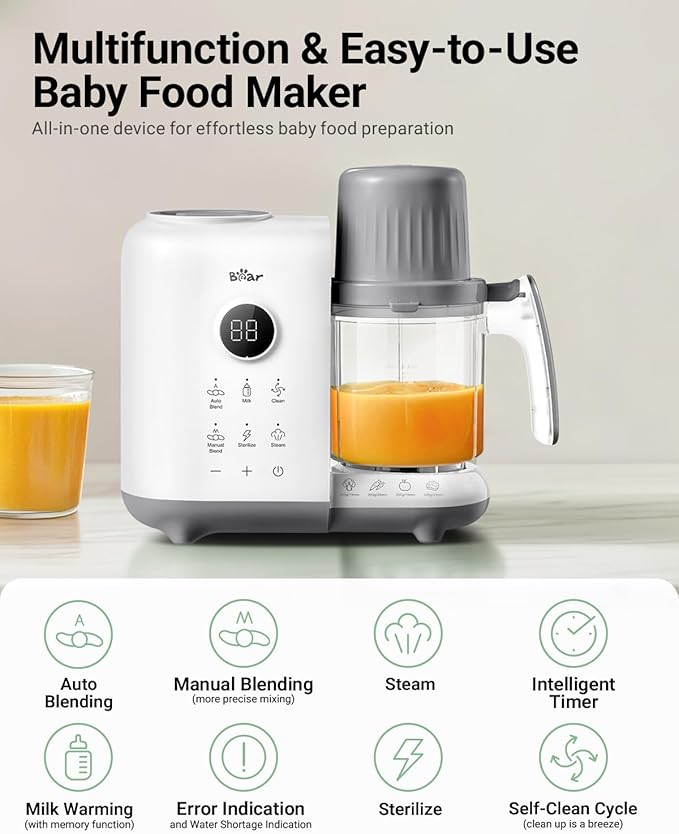Bear Baby Food Maker with Two Layer Steam Baskets, One Step Baby Food Processor Steamer Puree Blender, Baby Food Mill with Bottle Warming Sterili-zing Auto Cleaning Function, BPA-Free, White