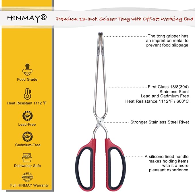 HINAMY Stainless Steel Scissor Tongs with Comfort-Grip Handle 13-Inch, Set of 2