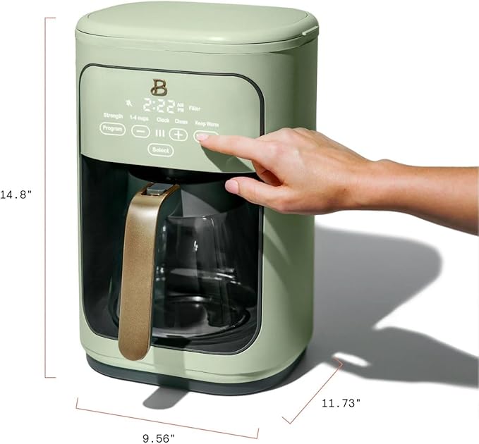 Beautiful 14 Cup Programmable Coffee Maker, Touch Display, 1200W, Brew Strength Control, Keep Warm, Pause & Serve, Glass Carafe, Reusable Filter, Auto Shut-Off, Matte Finish (Sage Green)