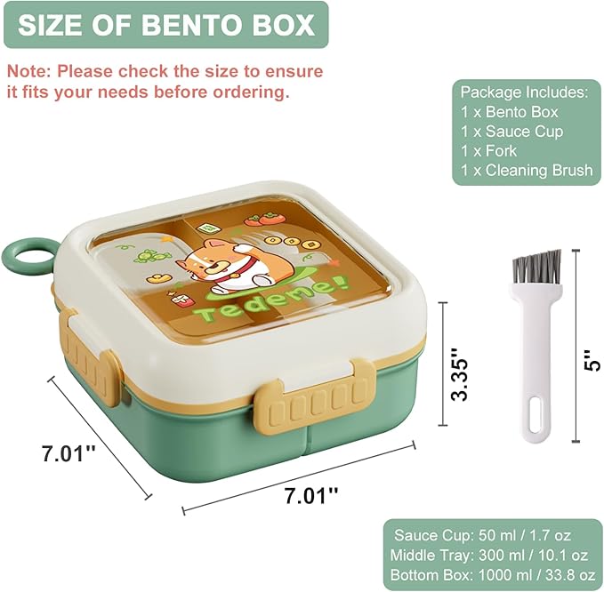 Bento Box for Kids & Adults – Cute Cartoon 2-Layer Lunch Box with Fork, Sauce Cup & Brush, BPA-Free, 3-Compartment Square Snack Container with Handle for School, Office, or Travel (Green)