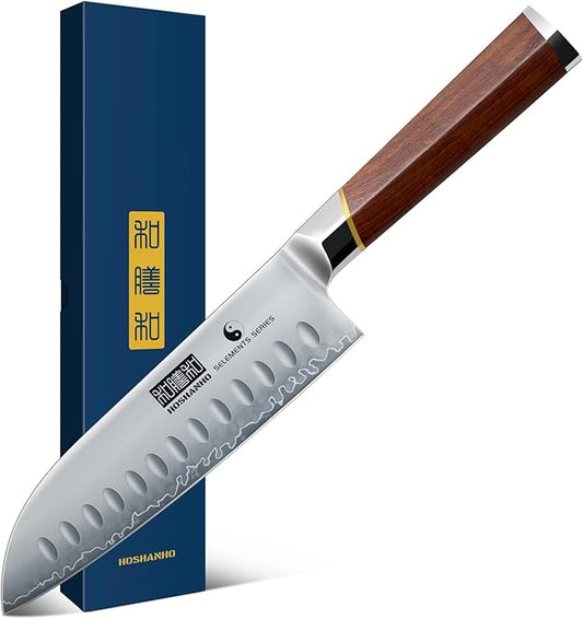 HOSHANHO 7 Inch Santoku Knife，Professional Japanese High Carbon Steel Chef Knife, Razor Sharp Kitchen Knife with Ergonomic Red Sandal Wooden Handle - Gift Box