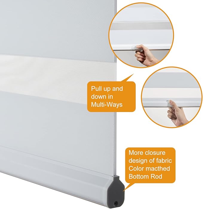 Persilux Zebra Shades Cordless, Light Filtering Roller Blinds for Windows (23" W x 72" H, White) Light Control for Day and Night, Sheer Shades for Home, Office, Bedroom, Bathroom