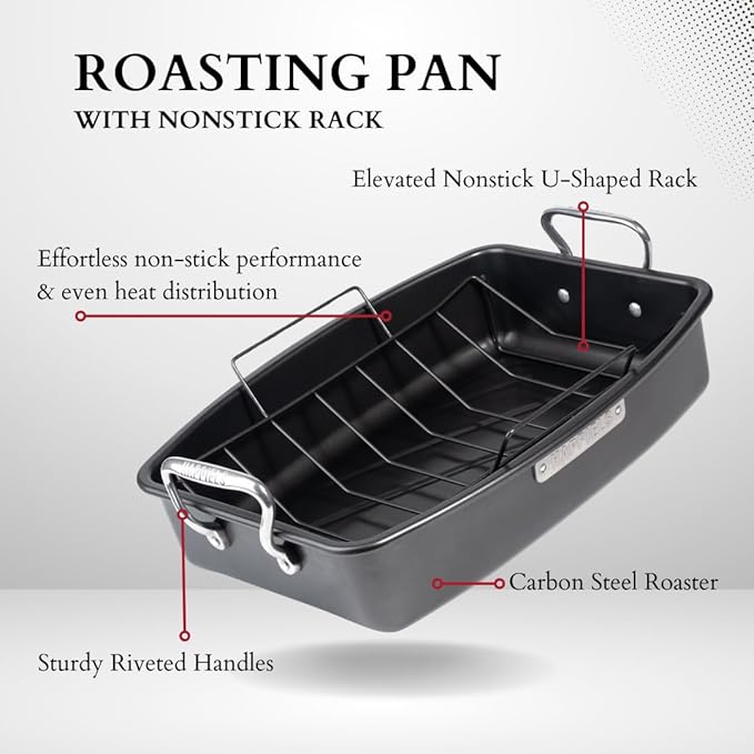 HAPPIELS 17 x 13 inch Roasting Pan with Rack, 20-25 lb Large Turkey Roasting Pan for Oven Non Stick, Turkey Roaster Pan with Rack, Roasting Pans, Turkey Pan, Deep Roast Pan, Prime Rib Roaster
