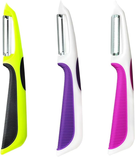 Vegetable Potato Peeler for Kitchen, 1 Piece Serrated Peeler for Soft Skin, 2 Pieces Straight Peeler for Apple Fruit Veggie, with Silicone Handle (Set of 3, Pink/Purple/Green)