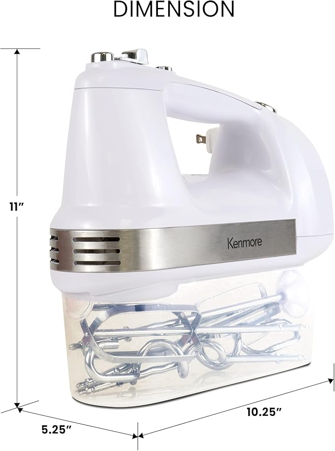 Kenmore Electric Hand Mixer – 5 Speed Handheld Blender, Electric Egg Beater with Whisk, Beater, Dough Hooks, Storage Case, Turbo Boost for Cake Mix, Batidora de Mano Eléctrica