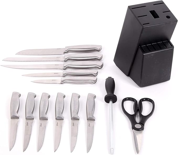 Oster Baldwyn 14 Piece Stainless Steel Cutting Kitchen Knife Cutlery Set with Swivel Block Holder and Knife Sharpener, Brushed Satin