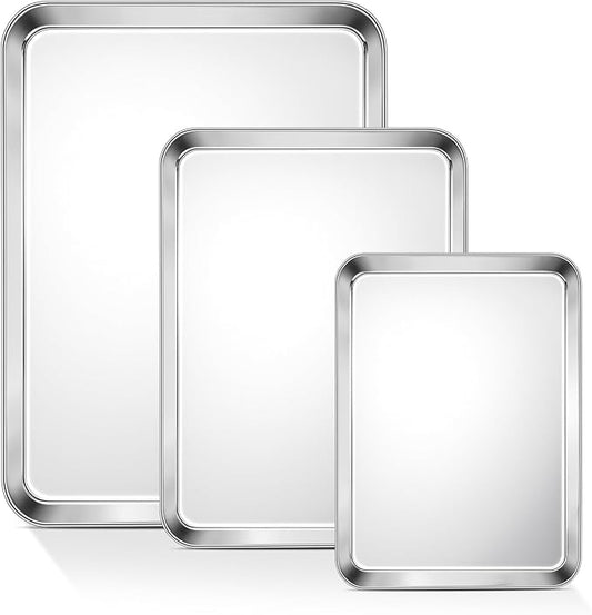 TeamFar Baking Sheet Set of 3, 17.6/16/ 12.5 Inch Stainless Steel Cookie Sheets Baking Pans, Metal Oven Baking Tray for Cooking Roasting Serving, Non-Toxic & Mirror Finish & Dishwasher Safe