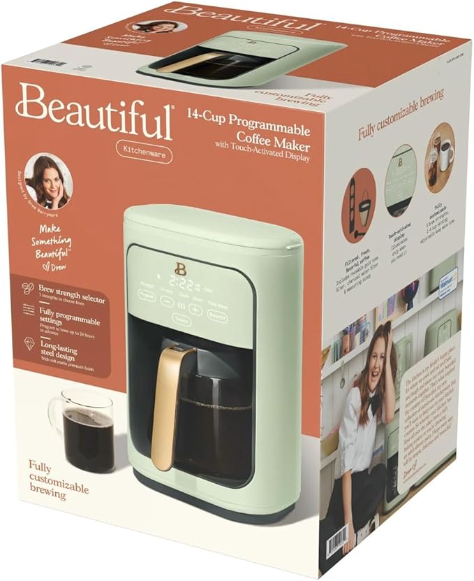 Beautiful 14 Cup Programmable Coffee Maker, Touch Display, 1200W, Brew Strength Control, Keep Warm, Pause & Serve, Glass Carafe, Reusable Filter, Auto Shut-Off, Matte Finish (Sage Green)