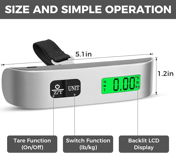 BAGAIL Digital Luggage Scale, 110lbs Hanging Baggage Scale with Backlit LCD Display, Portable Suitcase Weighing Scale, Travel Luggage Weight Scale with Hook, Strong Straps for Travelers