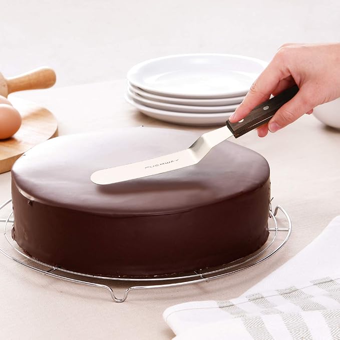 Offset Cake Icing Spatula Set of 4- Professional Stainless Steel Cake Decorating Frosting Spatulas, 4"-6"-8"-10" Flexible Resistant Blade, Wooden Handle For Easy Grip