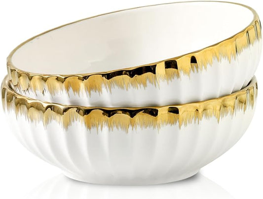 LETAOTAO Serving Bowls, 10 inch Extra Large Salad Bowl Set of 2, Ceramic Bowl with Gold Trim, Kitchen Decorative Bowls Porcelain Mixing Bowls for Salad, Soup, Pasta and Dinner