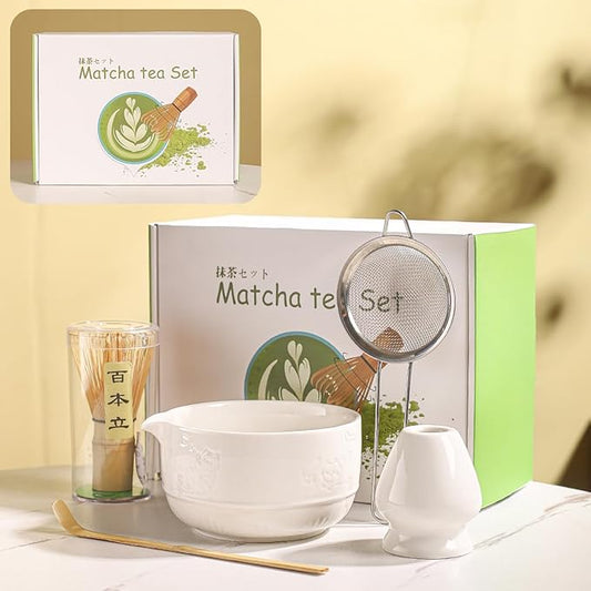 Matcha Tea Set, 5-Piece Ceramic Matcha Bowl & Whisk Kit with Cute Cat Pattern, Traditional Japanese Chawan, Scoop & Sifter, Perfect for Tea Ceremony, Gift for & Tea Lovers (white)