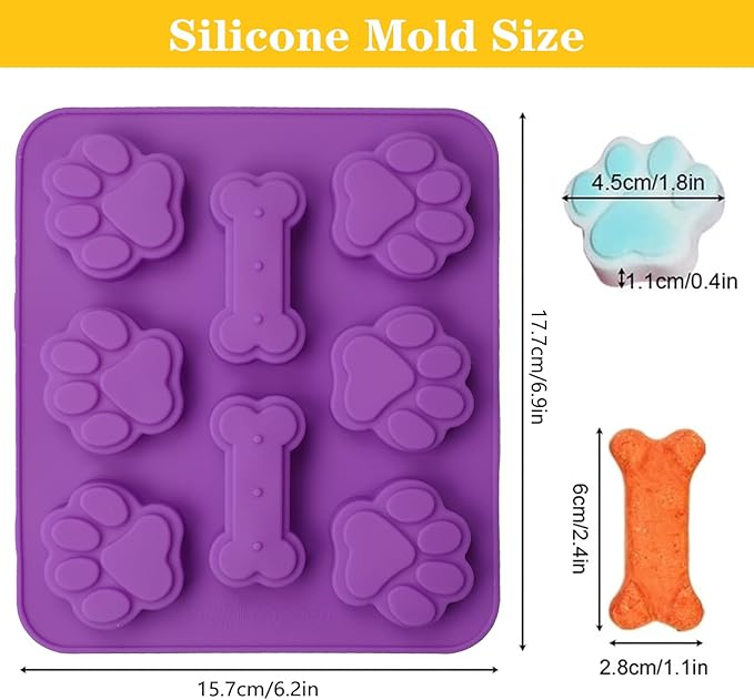 2 Pack Puppy Dog Paw and Bone Shaped 2 in 1 Silicone Molds, Reusable Non-Stick Ice Cube Trays & Candy Chocolate Molds for Homemade Dog Treats, Pudding & Baking Biscuit(Red Purple)