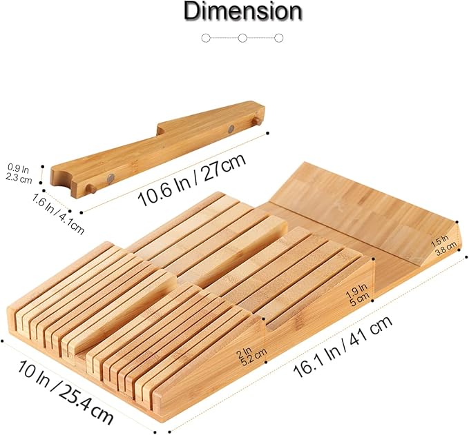 NIUXX Bamboo In-Drawer Knife Block Set for 16 Knives(Not Included), Large Kitchen Detachable Washable Cutlery Slot Organizer Storage Holder for Sharpening Steel and Cutter