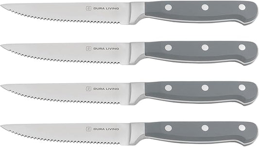 DURA LIVING Premium 4-Piece Steak Knife Set – Sharp Serrated Blades, Forged High Carbon Stainless Steel, Full Tang, Ergonomic Handle, Elegant Gray Finish – Ideal for Dining & Entertaining