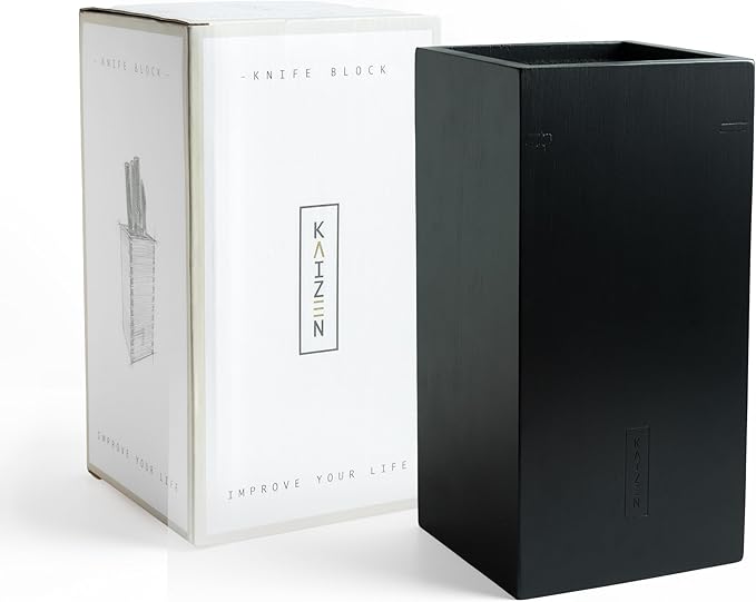 KAIZEN Bamboo Knife Block Without Knives - Perfectly Sized Universal Knife Holder for Knives, Scissors - Unique Knife Storage for Counter Top with Anti-Slip Base (Black - Bamboo)