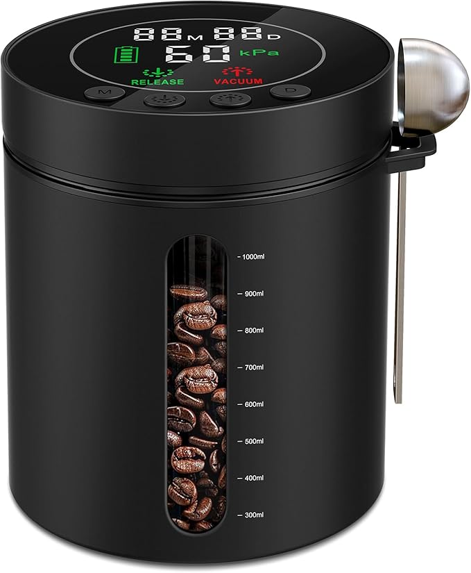 Automatic Vacuum Coffee Canister, 1.3L Airtight Food Storage Containers with Smart Pressure Sensor, Electric Coffee Bean Container Rechargeable with LED Display Window for Home Kitchen Food Storage