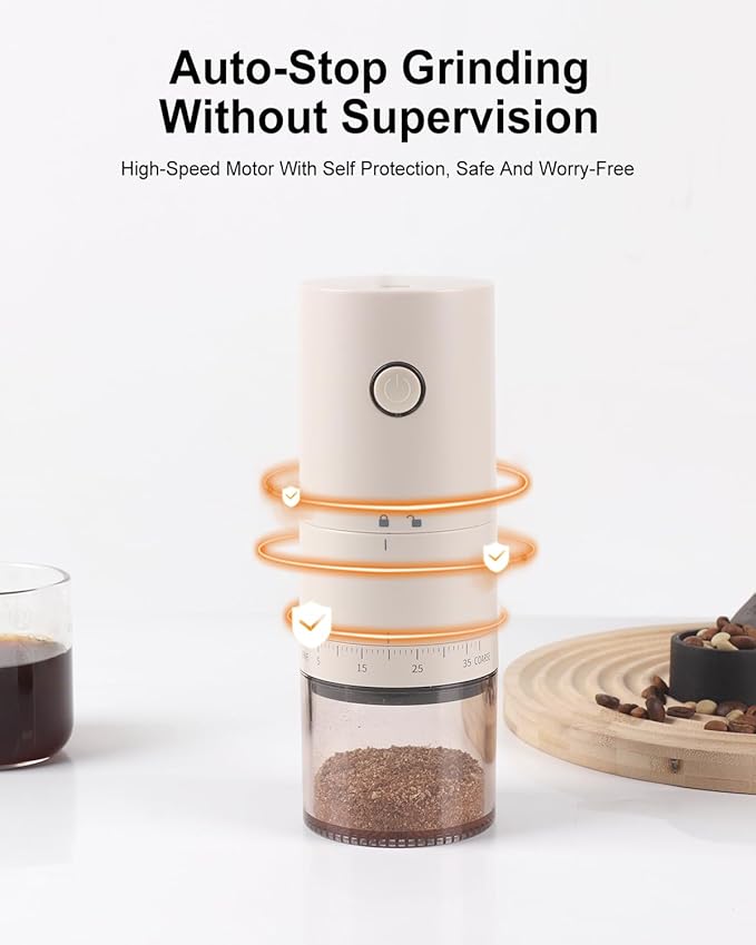 Lamido Portable Electric Coffee Grinder with Ceramic Conical Burr - 38 Adjustable Grind Settings -1500 mAh Battery Rechargeable - Auto-Stop - Washable for Espresso, Pour Over - Travel, Camping (White)