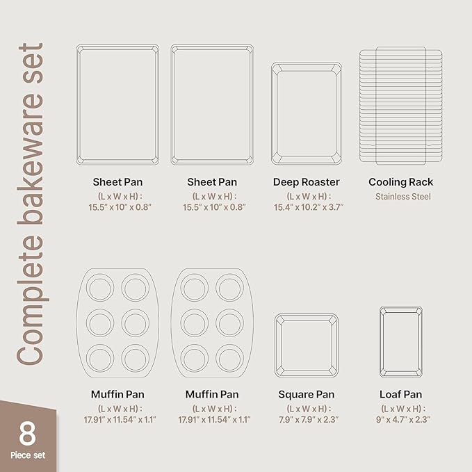 Bakken 8-Piece Ceramic Coated Bakeware Sets, Nonstick Aluminized Steel Pans with Muffin, Loaf, Cake, Roasting Pan, & Cooling Rack, Oven Safe Up To 500°F, Dishwasher Safe, BPA, PTFE & PFAS Free, Blue