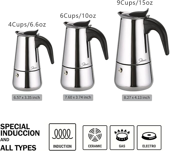 Coffee Maker 4 Cup Moka Pot Stainless Steel Percolator coffee pot Espresso Maker, Compatible with Gas, Electric, Ceramic, and Induction stovetops(6.6 fl oz/200 ml)