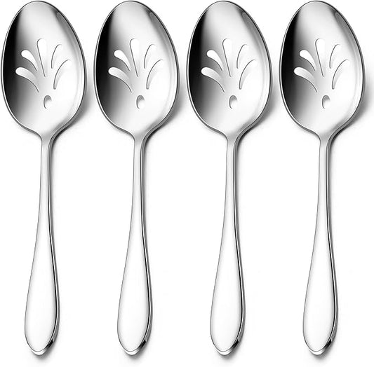 Stainless Steel Slotted Serving Spoons, E-far 4-Piece Metal Tablespoons Hostess Serving Utensils Set for Catering Buffet Party Kitchen Restaurant, Dishwasher Safe