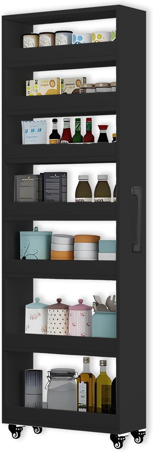7-Tier Slim Storage Cart, Wooden Rolling Pantry Cabinet with Wheels, Narrow Shelf Organizer for Kitchen, Bakers Rack, Dining Room, Closet, Small Spaces Dark Walnut 73.2" H*9.8" W*23.6" D