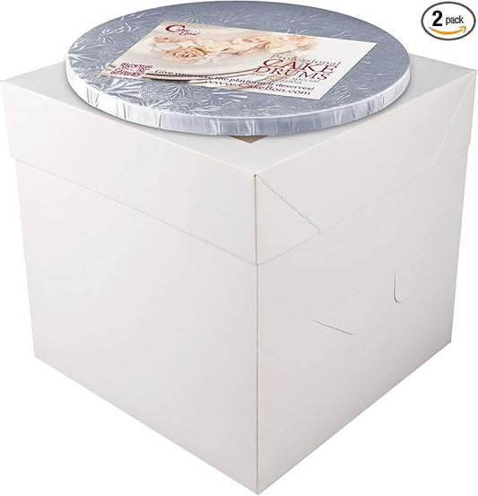 Cakebon Cake Boxes with Boards - 8 Inch Round Cake Drum Silver - Box With Window for Birthdays, Weddings and Parties (1pc Each, 2pcs Total)