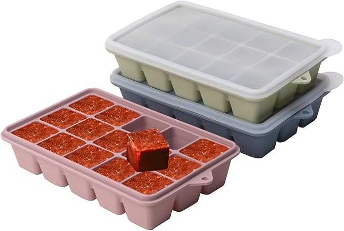 2 Tbsp Silicone Freezer Molds - Perfect for Storing Garlic, Herbs, Ginger, Pesto, Tomato Paste, Lemon Juice, Purees and More - Silicone Food Freezer Tray (Multicolor 3 Pack)