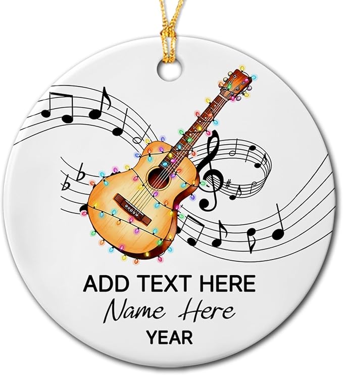 Custom Text Year Name Guitar Player Ceramic Christmas Ornament, Unique Guitar Instrument Ornament Gift for Guitarist Grandparent Dad Mom Brother Sister, Personalized Guitar Musical Ceramic Ornaments