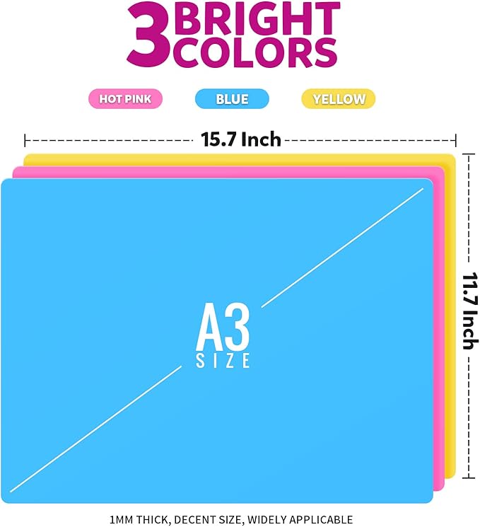 LEOBRO Silicone Mat, 3 PCS Silicone Mats for Crafts, Resin Molds, Play Dough Mat, Clay Mats, for Epoxy Resin, Crafts, Yellow & Hot Pink & Blue, 15.7”x 11.7