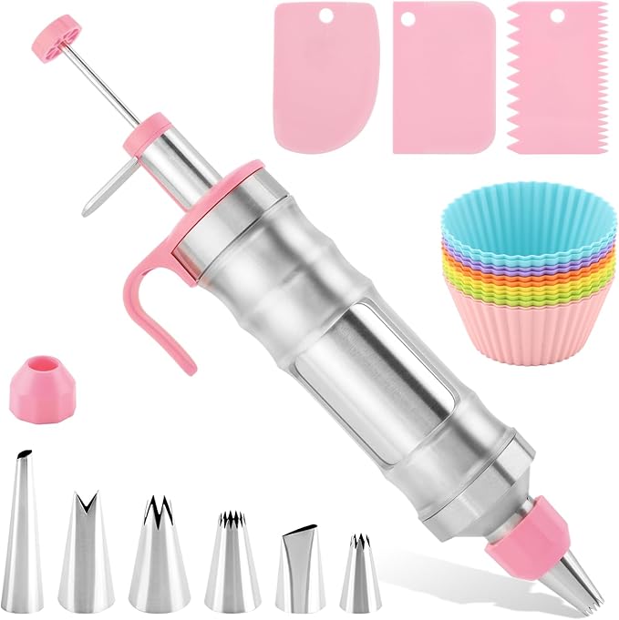 Dessert Decorating Syringe Set, 24Pcs Frosting Piping Kit with 6 Piping Tips, 12 Silicone Cupcake, Stainless Steel Cupcake Decorating Kit Piping Bags and Tips Set
