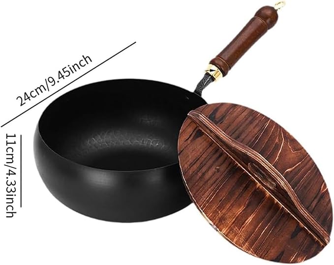 Jinswhdre Cast Iron Skillet, 9.5/11in Jinswhdre Japanese Irons Pan, Hand Forged Uncoated Iron Pan with Lid Spatula, Non-stick Wok for Cooker Gas Stir Fry Pans Durable and Rust-Free (No Lid,10.2in)