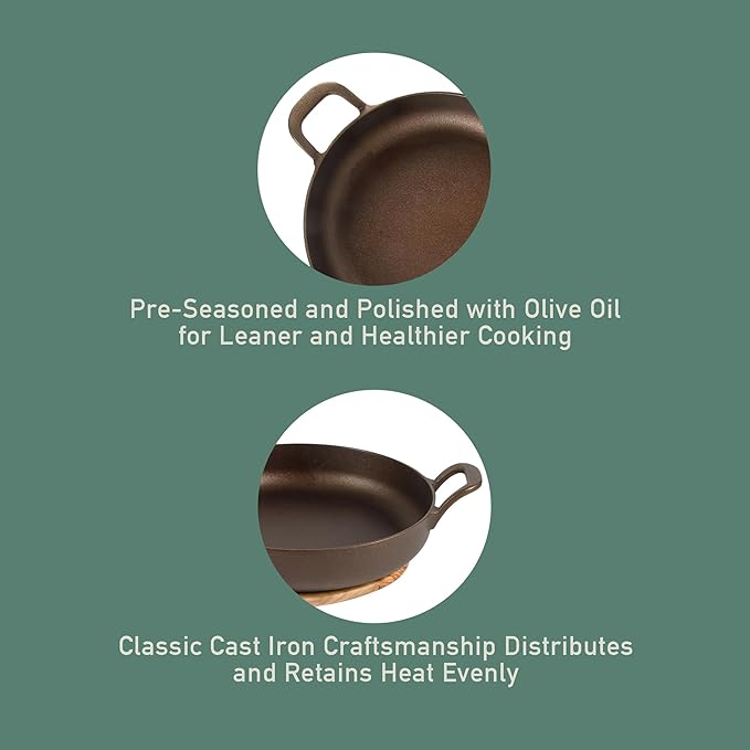 Bloomhouse Natural Bronze Finish 12-Inch Cast Iron Skillet with Long Handle, Helper Handle & Olive Wood Trivet – Olive Oil Treated Fry Pan, Oven & Stovetop Safe