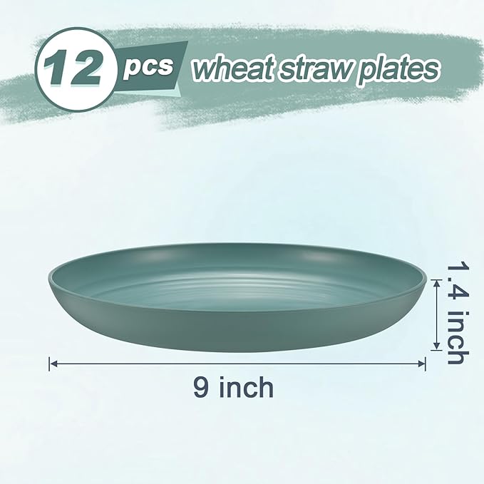 12 Pcs Unbreakable Deep Dinner Plates Set, 9 inch Reusable Plastic Wheat Straw Plates, Microwave and Dishwasher Safe Plate for Kitchen, Lightweight Plate for Dessert, BPA Free, Dark Green