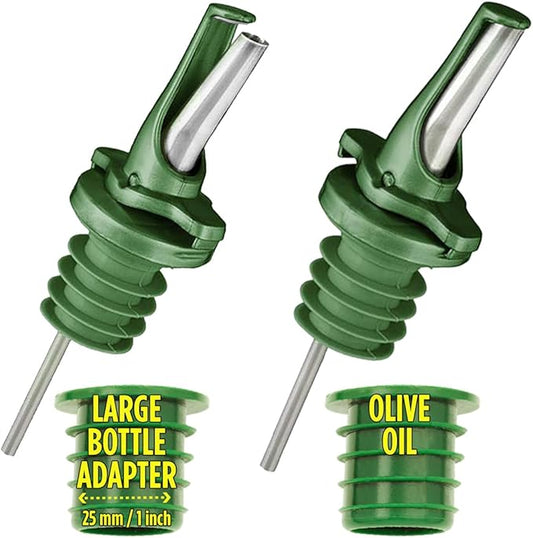 AIRTIGHT Olive Oil Pour Spout for Olive Oil Dispenser - UK Patented Oil Pourer - Hygienic One Handed Open Close Mechanism Keeps Oil Fresh. Dust Caps Cover | Screens Alternative - Green 2 PCs